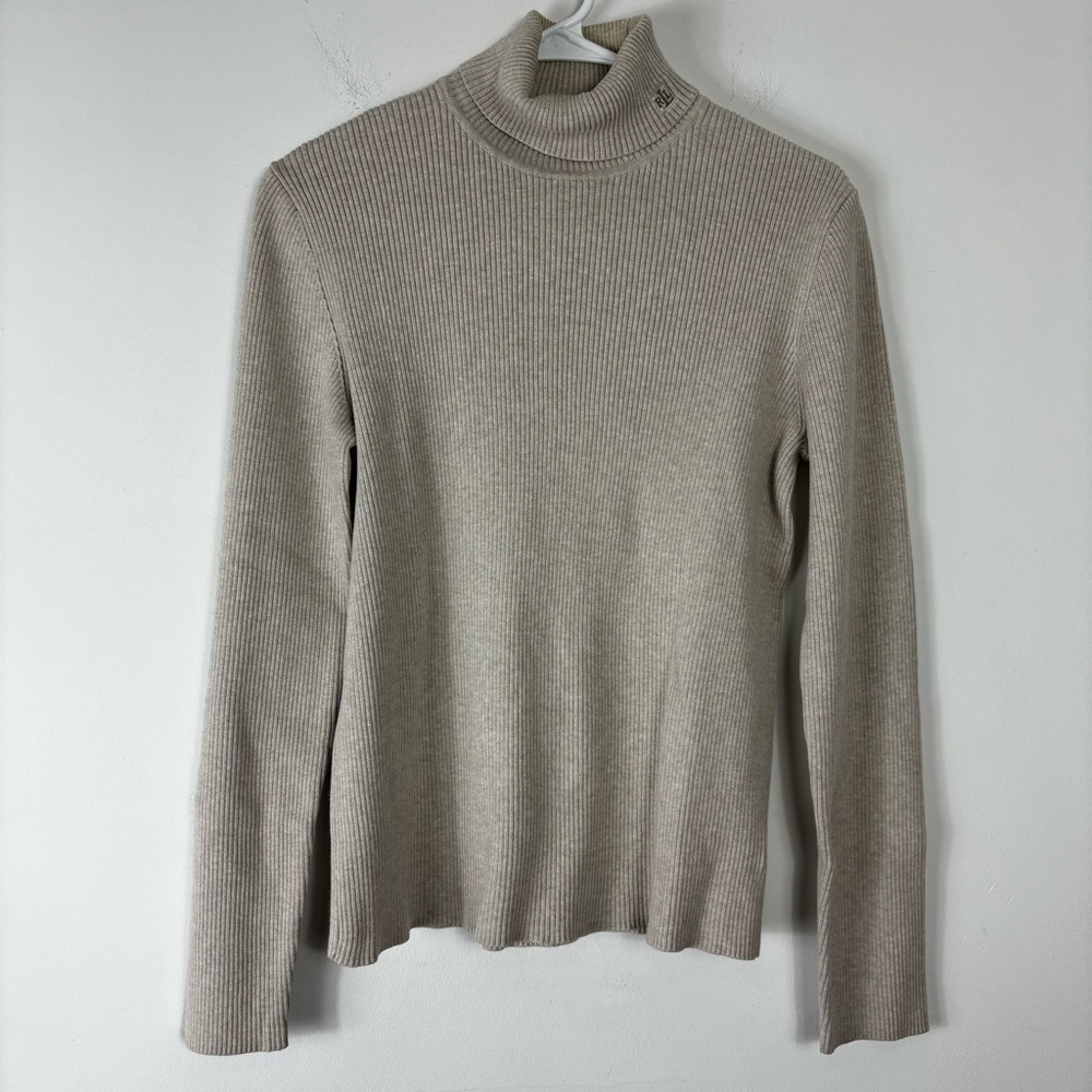 Lauren Ralph Lauren Ribbed Turtleneck Womens L Preppy Classic 100%Cotton Neutral